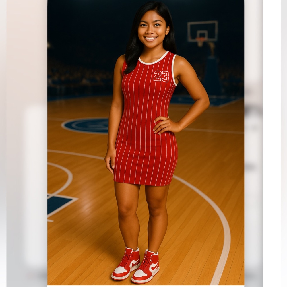 Basketball Stretchy 23 Red White Stripe Midi Dress Jersey Style